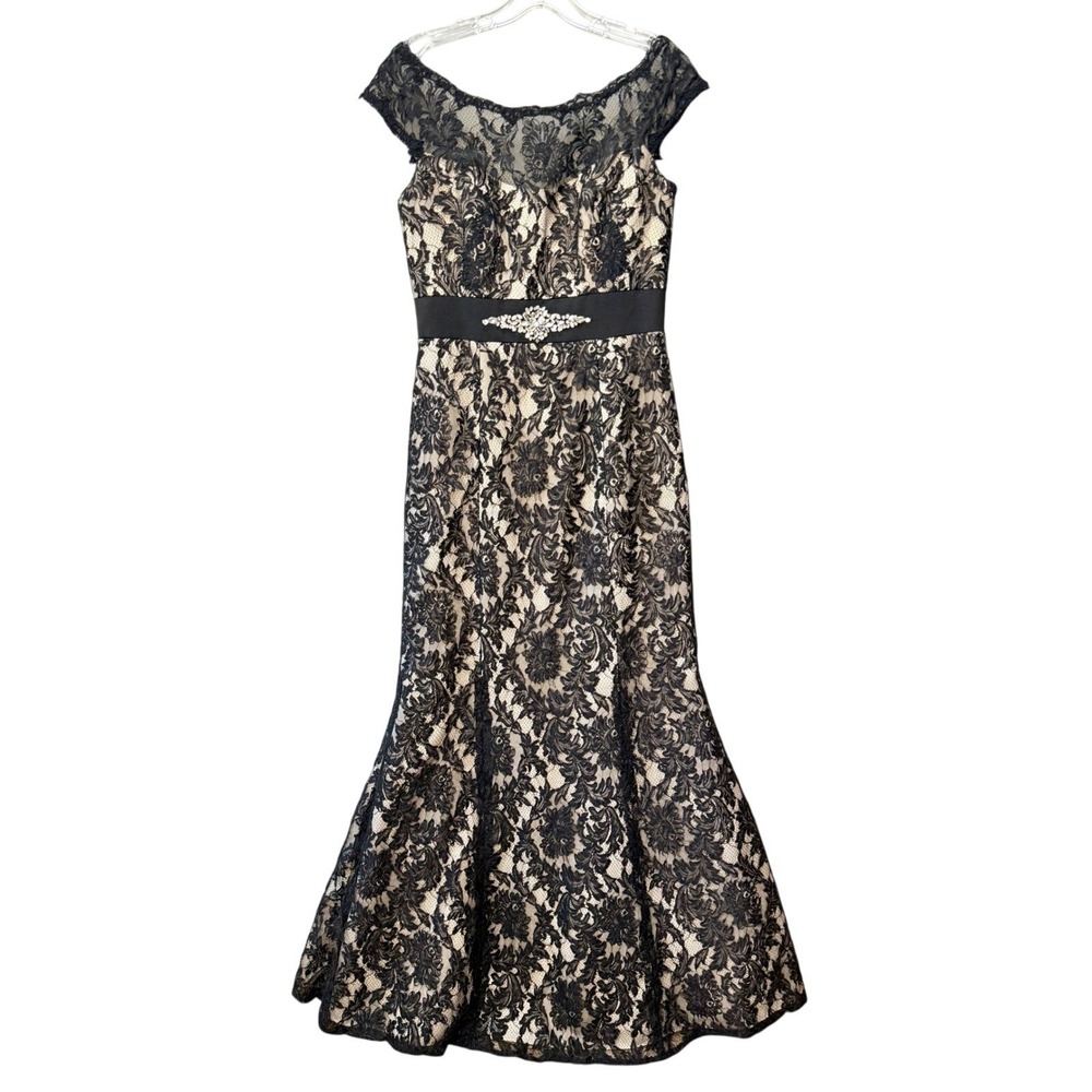 Alfred Angelo NWT Black Lace Nude‎ Mermaid Formal Gown Rhinestone Belt Dress 4